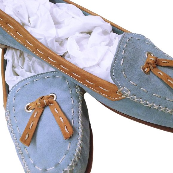 Cole Haan Blue Suede Shoe Flats -9.5B Bow Tassel Leather Stitch Moc-Toe Slip-On - Picture 9 of 12